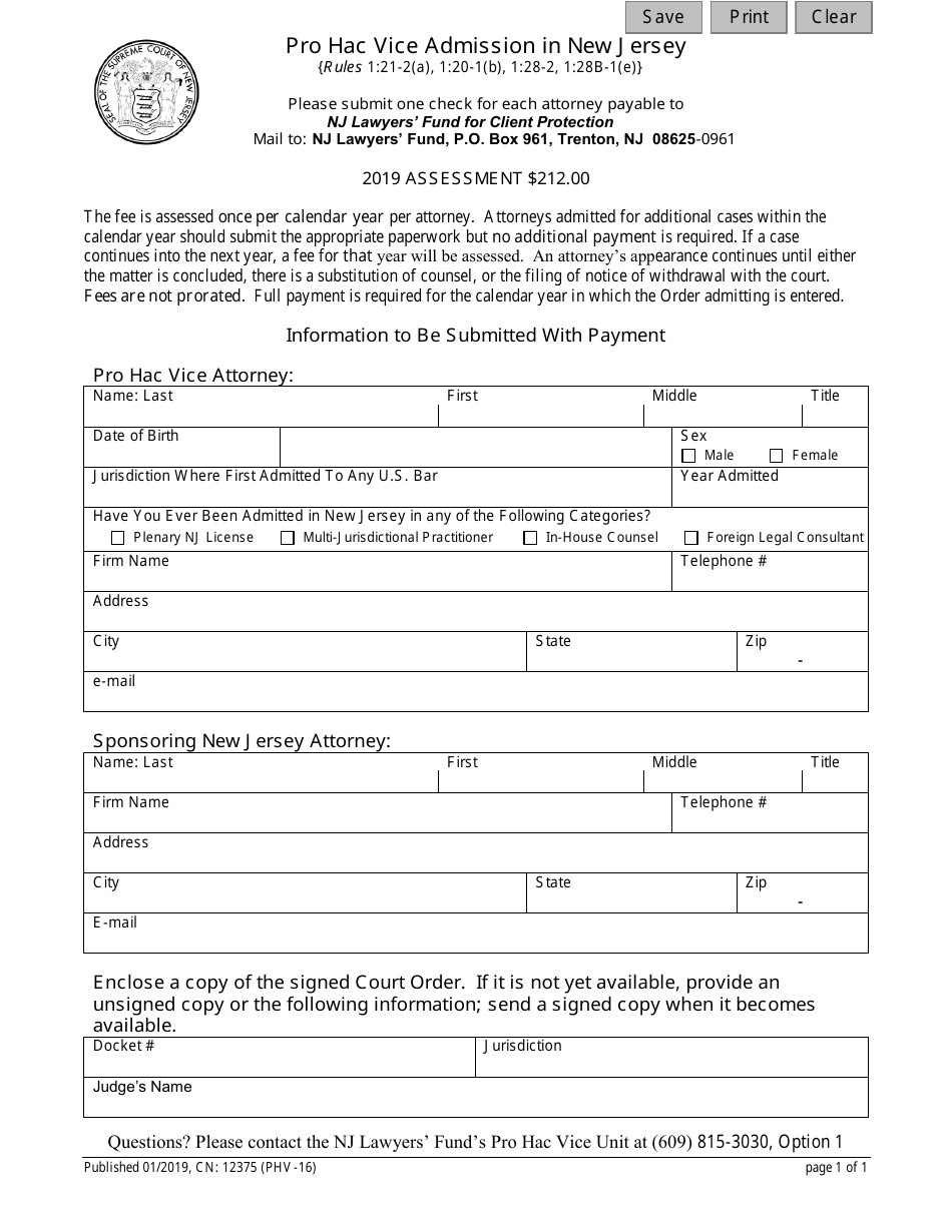 Form CN:12375 (PHV-16) Pro Hac Vice Admission in New Jersey - New Jersey, Page 1