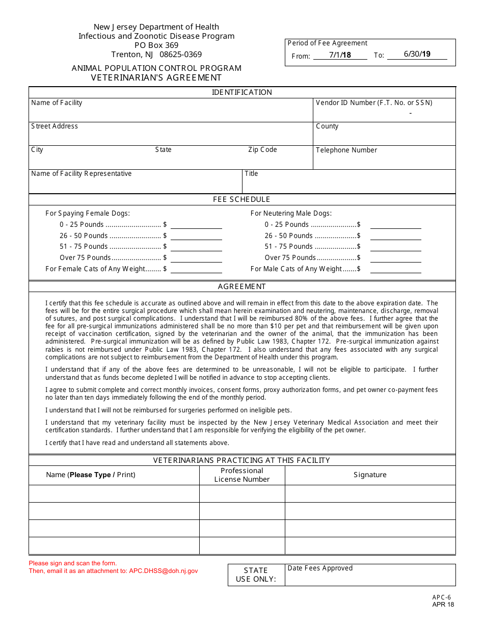 Form APC-6 Animal Population Control Program Veterinarians Agreement - New Jersey, Page 1