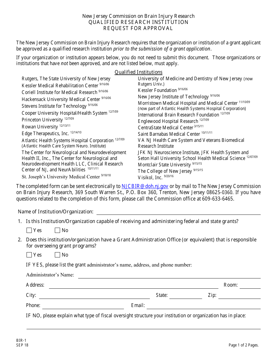 Form BIR-1 Qualified Research Institution Request for Approval - New Jersey, Page 1