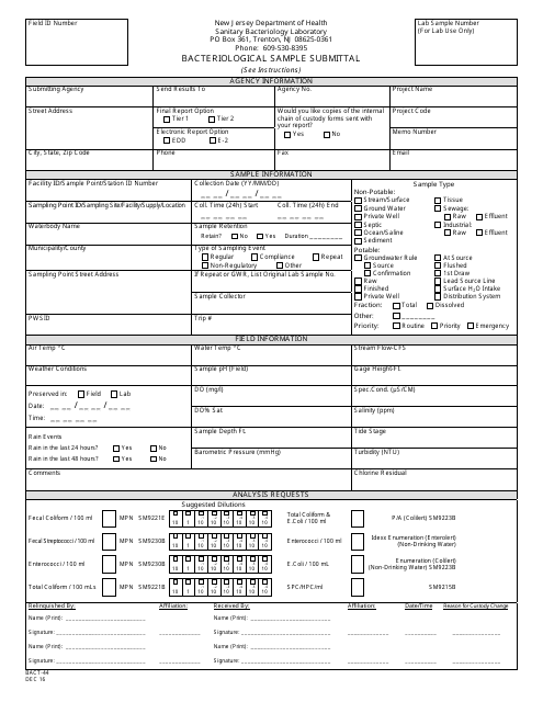 Form BACT-44 Bacteriological Sample Submittal - New Jersey