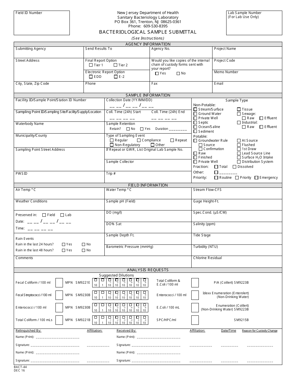 Form BACT-44 Bacteriological Sample Submittal - New Jersey, Page 1