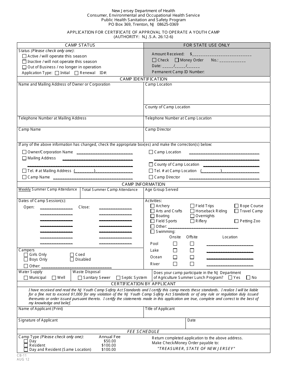 Form CB-11 Application for Certificate of Approval to Operate a Youth Camp - New Jersey, Page 1