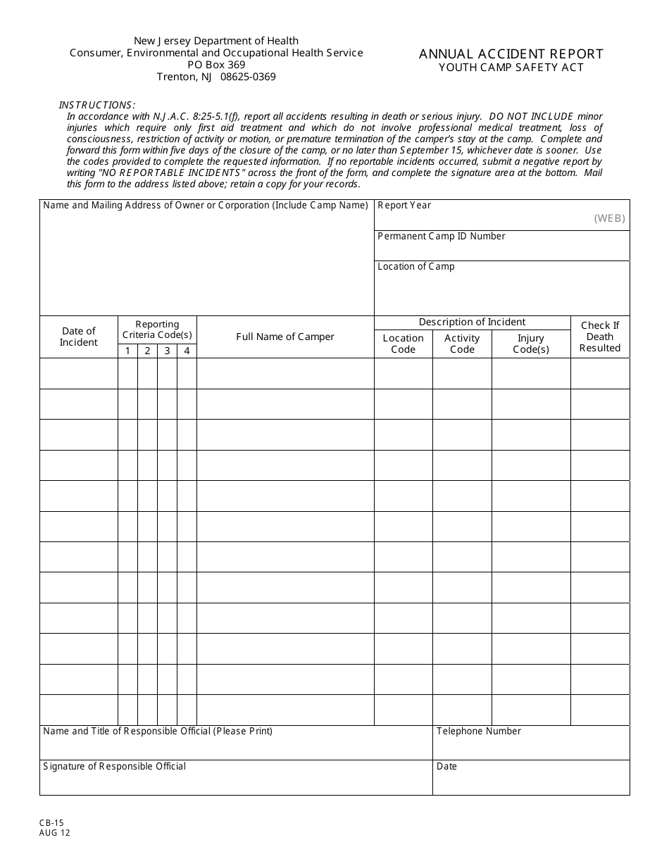 Form CB-15 Annual Accident Report Youth Camp Safety Act - New Jersey, Page 1