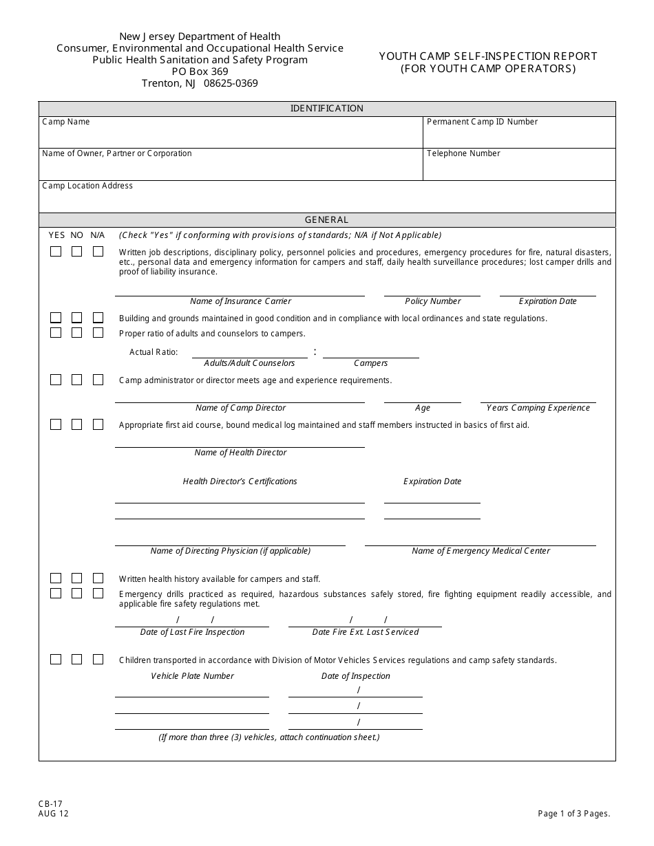 Form CB-17 Youth Camp Self-inspection Report (For Youth Camp Operators) - New Jersey, Page 1