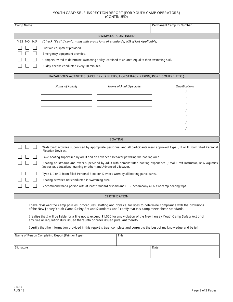 Form CB-17 Youth Camp Self-inspection Report (For Youth Camp Operators) - New Jersey, Page 3