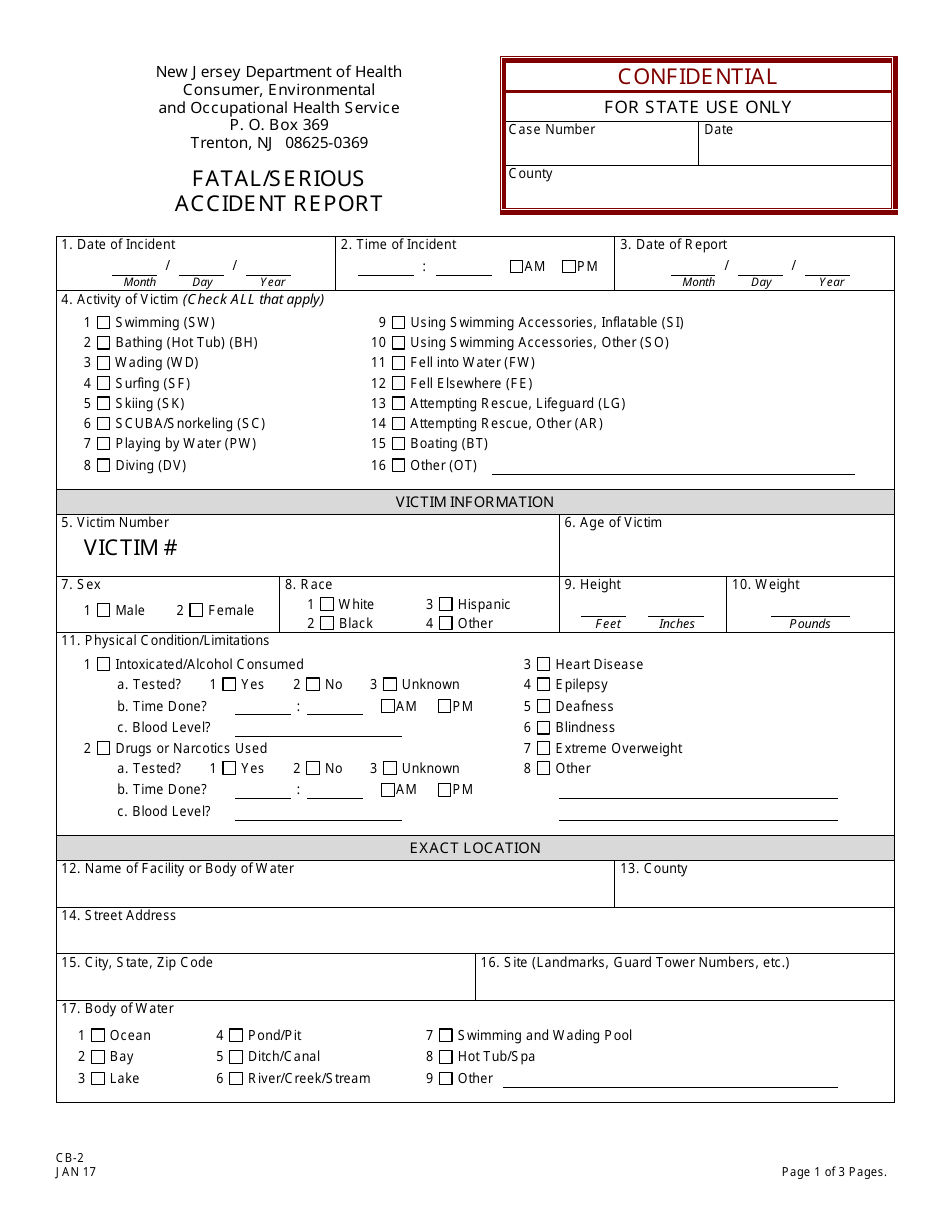 Form CB-2 Fatal / Serious Accident Report - New Jersey, Page 1
