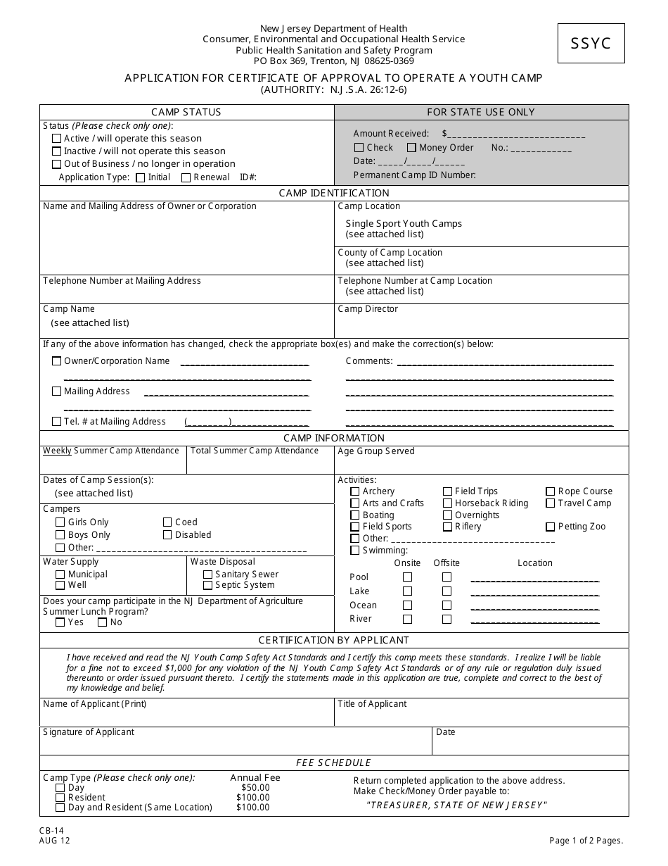 Form CB-14 Application for Certificate of Approval to Operate a Youth Camp (Single Sport Youth Camp (Ssyc)) - New Jersey, Page 1