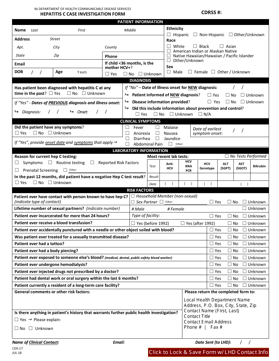 Form CDS-17 Hepatitis C Case Investigation Form - New Jersey, Page 1
