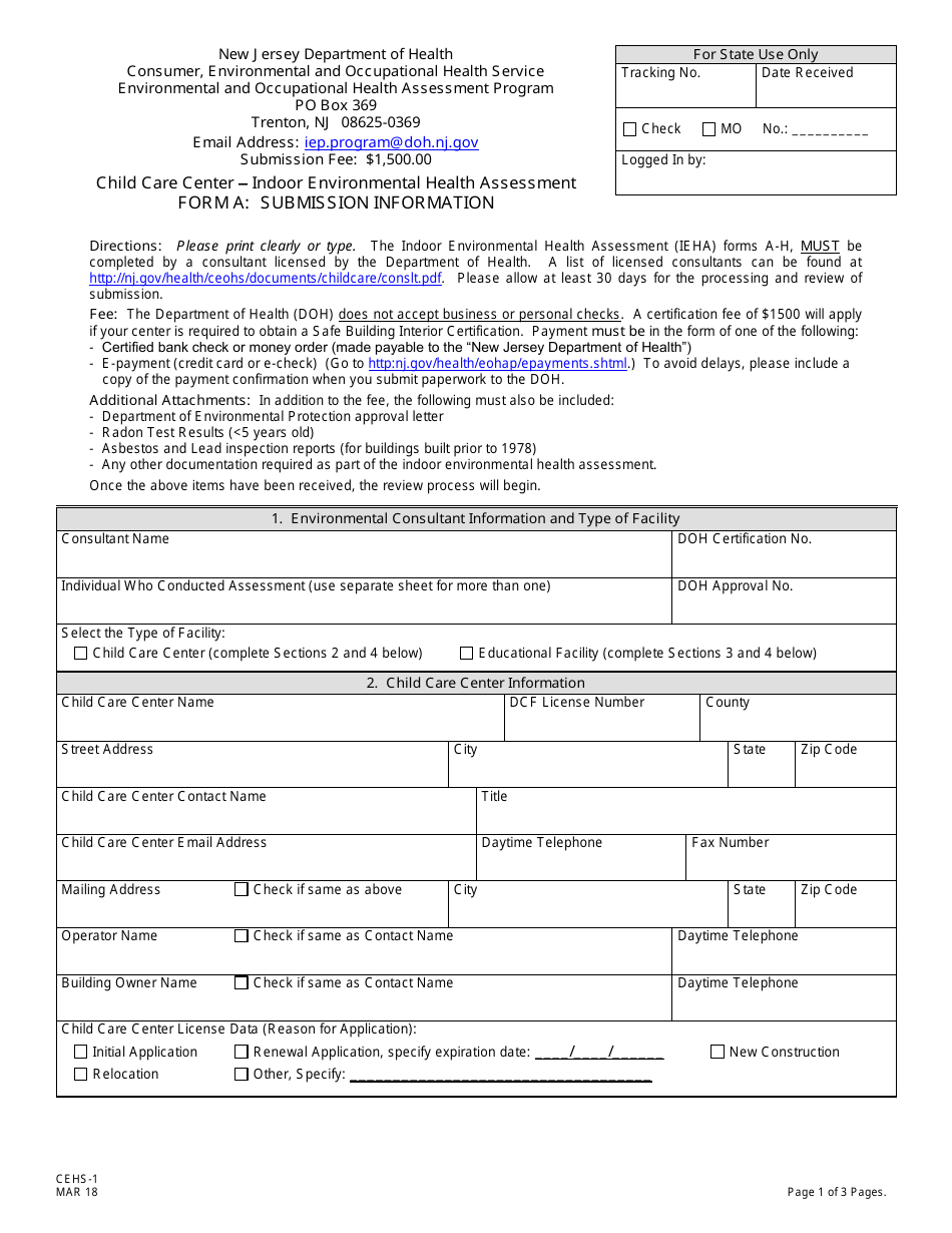Form CEHS-1 (A) Submission Information - New Jersey, Page 1