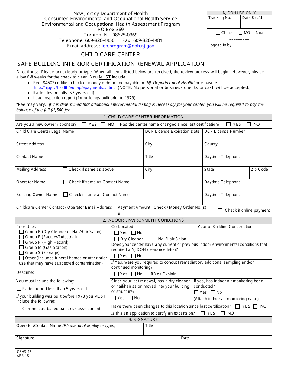 Form CEHS-15 Child Care Center Safe Building Interior Certification Renewal Application - New Jersey, Page 1
