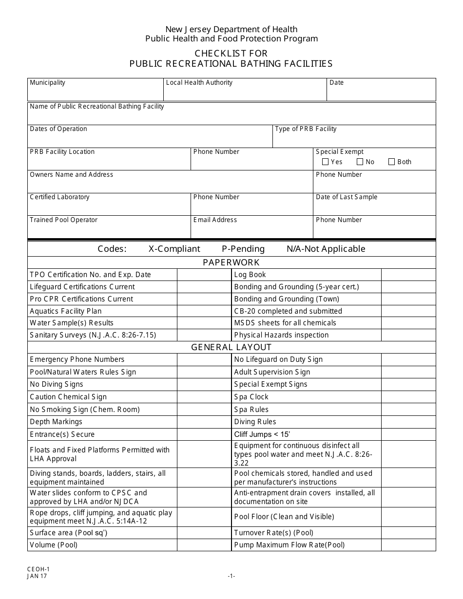 Form CEOH-1 Checklist for Public Recreational Bathing Facilities - New Jersey, Page 1