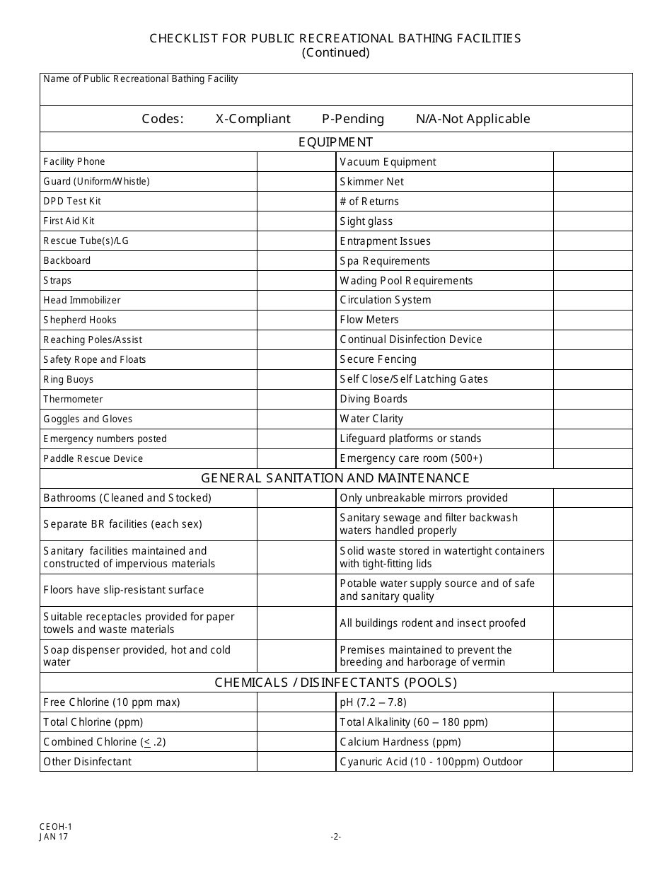 Form CEOH-1 Checklist for Public Recreational Bathing Facilities - New Jersey, Page 2