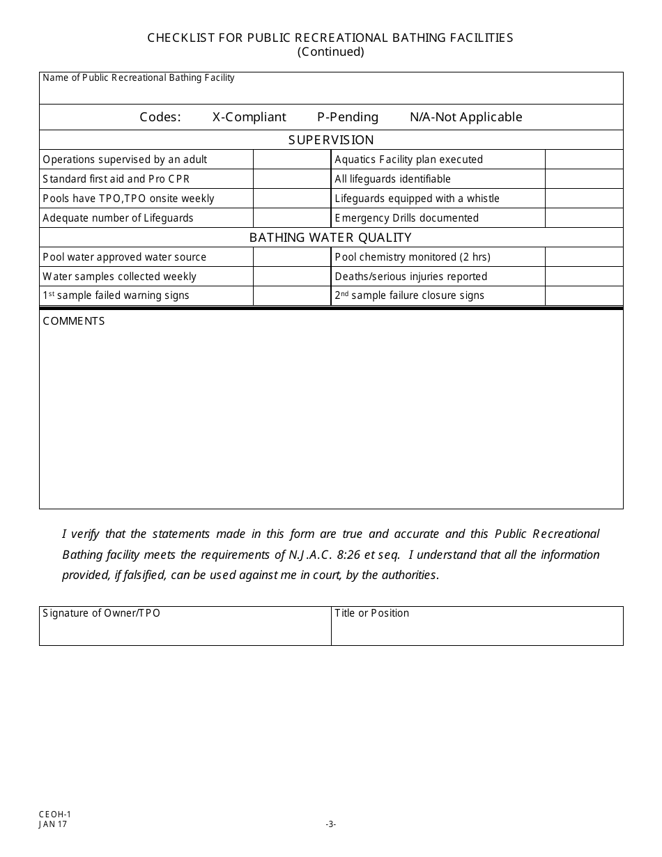 Form CEOH-1 Checklist for Public Recreational Bathing Facilities - New Jersey, Page 3