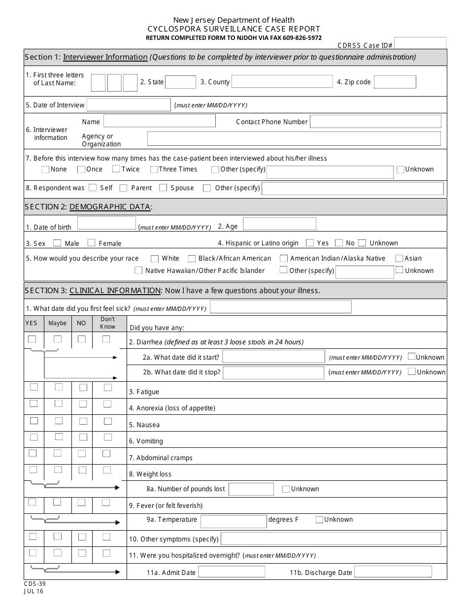 Form CDS-39 Cyclospora Surveillance Case Report - New Jersey, Page 1