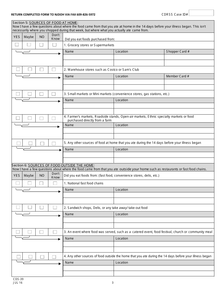 Form CDS-39 Cyclospora Surveillance Case Report - New Jersey, Page 3