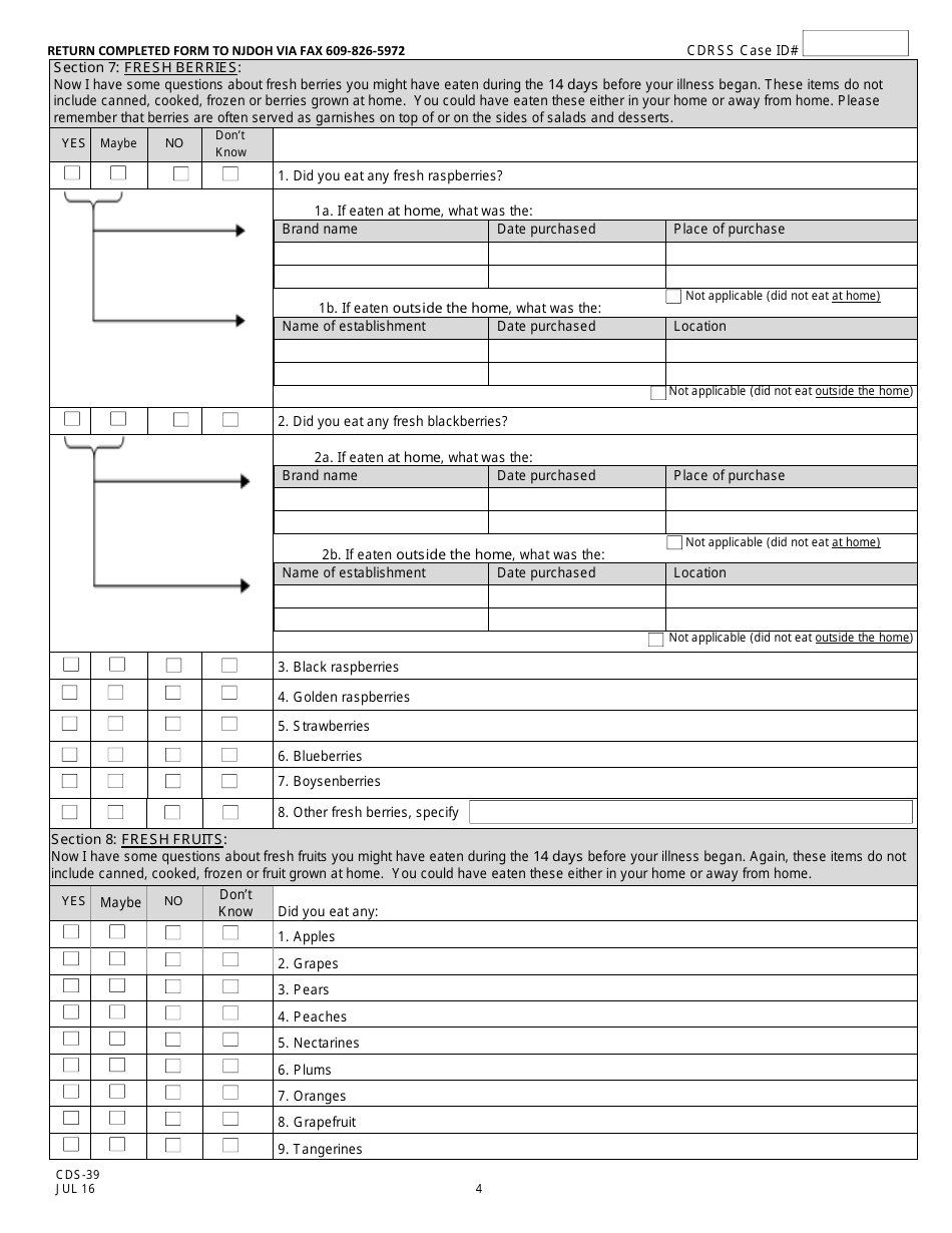 Form CDS-39 Cyclospora Surveillance Case Report - New Jersey, Page 4