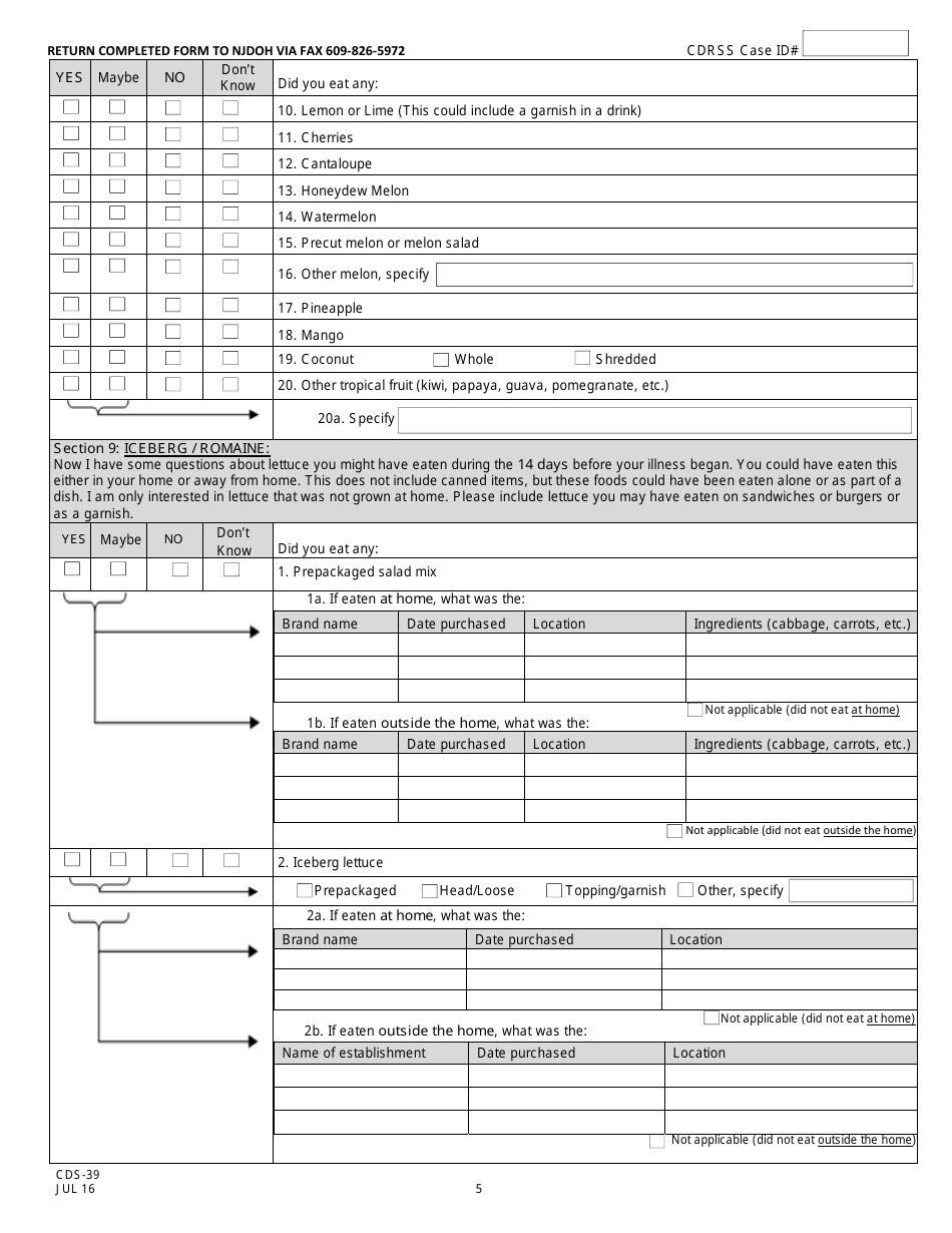 Form CDS-39 Cyclospora Surveillance Case Report - New Jersey, Page 5