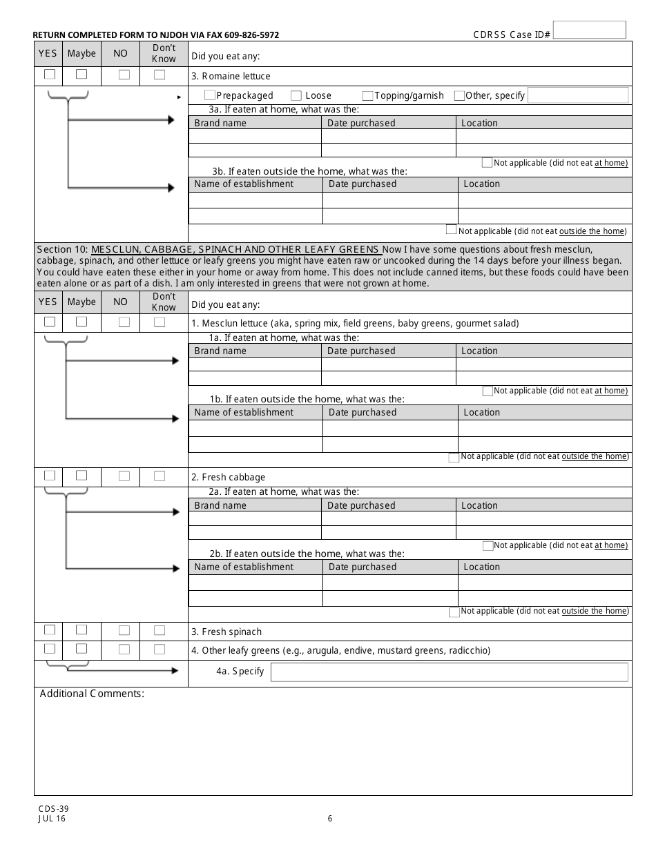 Form CDS-39 Cyclospora Surveillance Case Report - New Jersey, Page 6