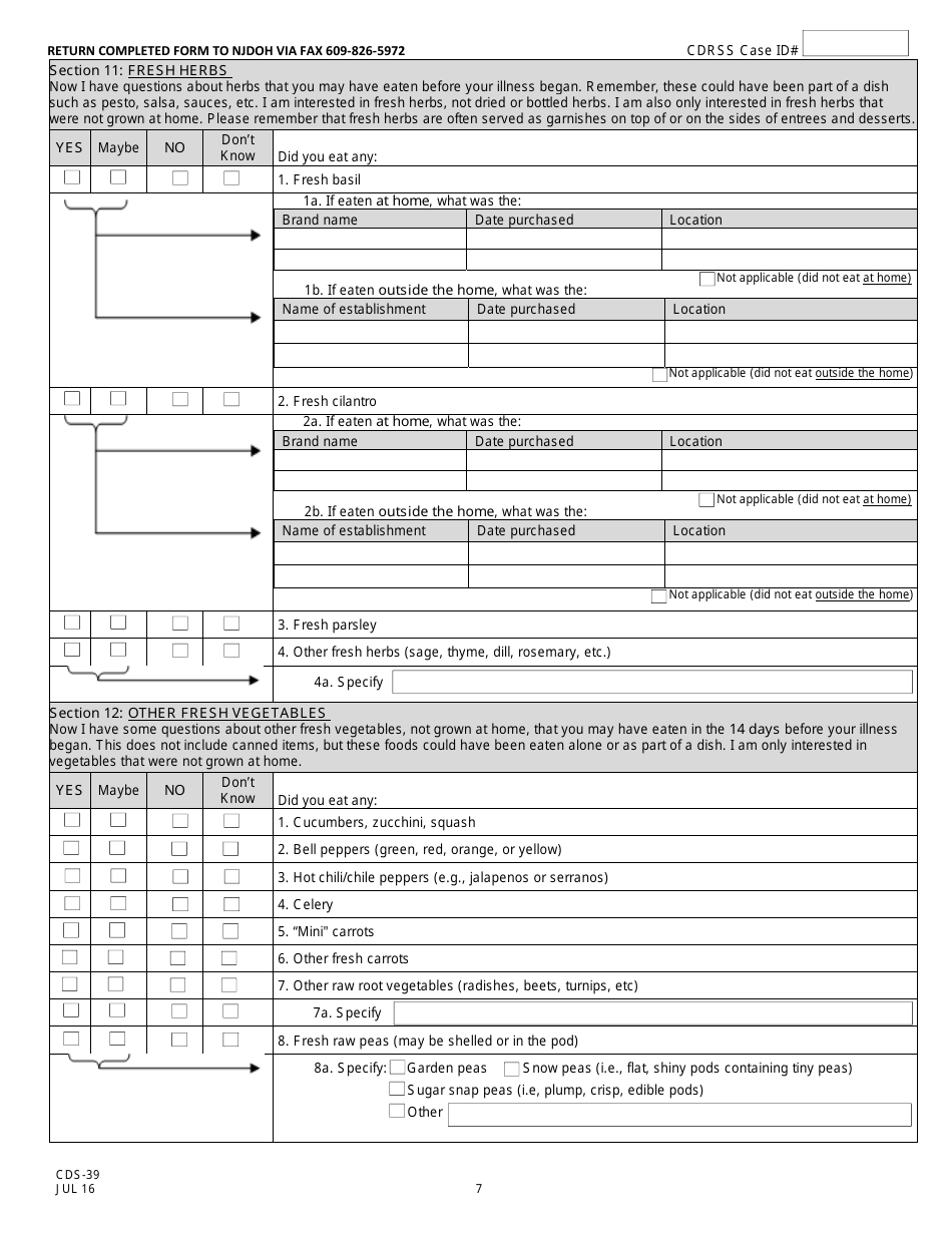 Form CDS-39 Cyclospora Surveillance Case Report - New Jersey, Page 7