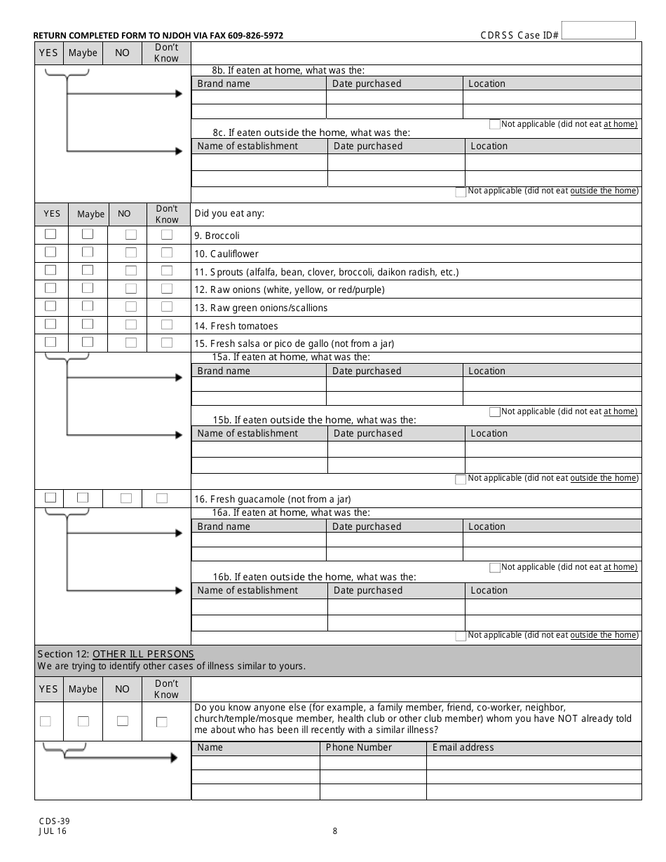 Form CDS-39 Cyclospora Surveillance Case Report - New Jersey, Page 8
