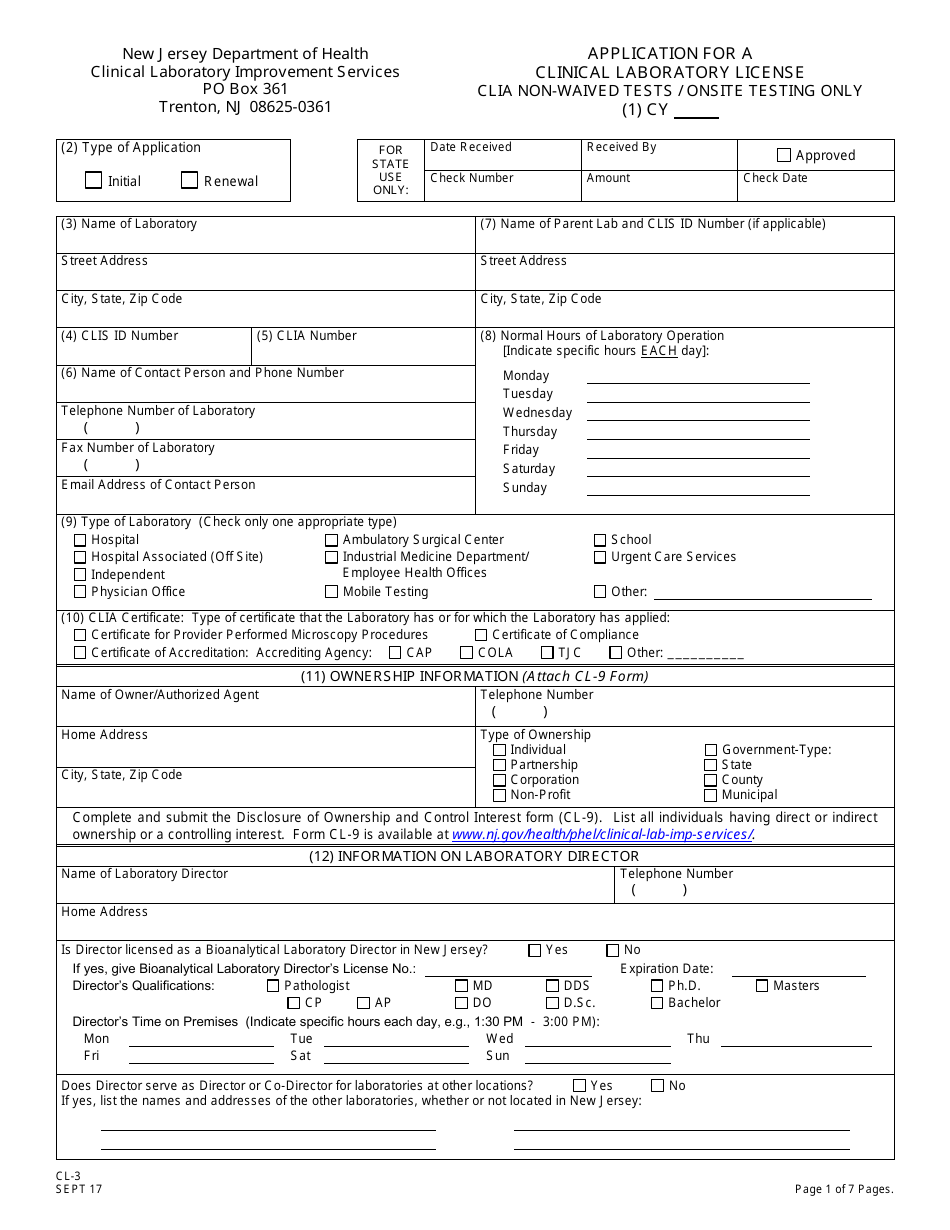 Form CL-3 Application for a Clinical Laboratory License (Clia Non-waived Tests / Onsite Testing Only) - New Jersey, Page 1