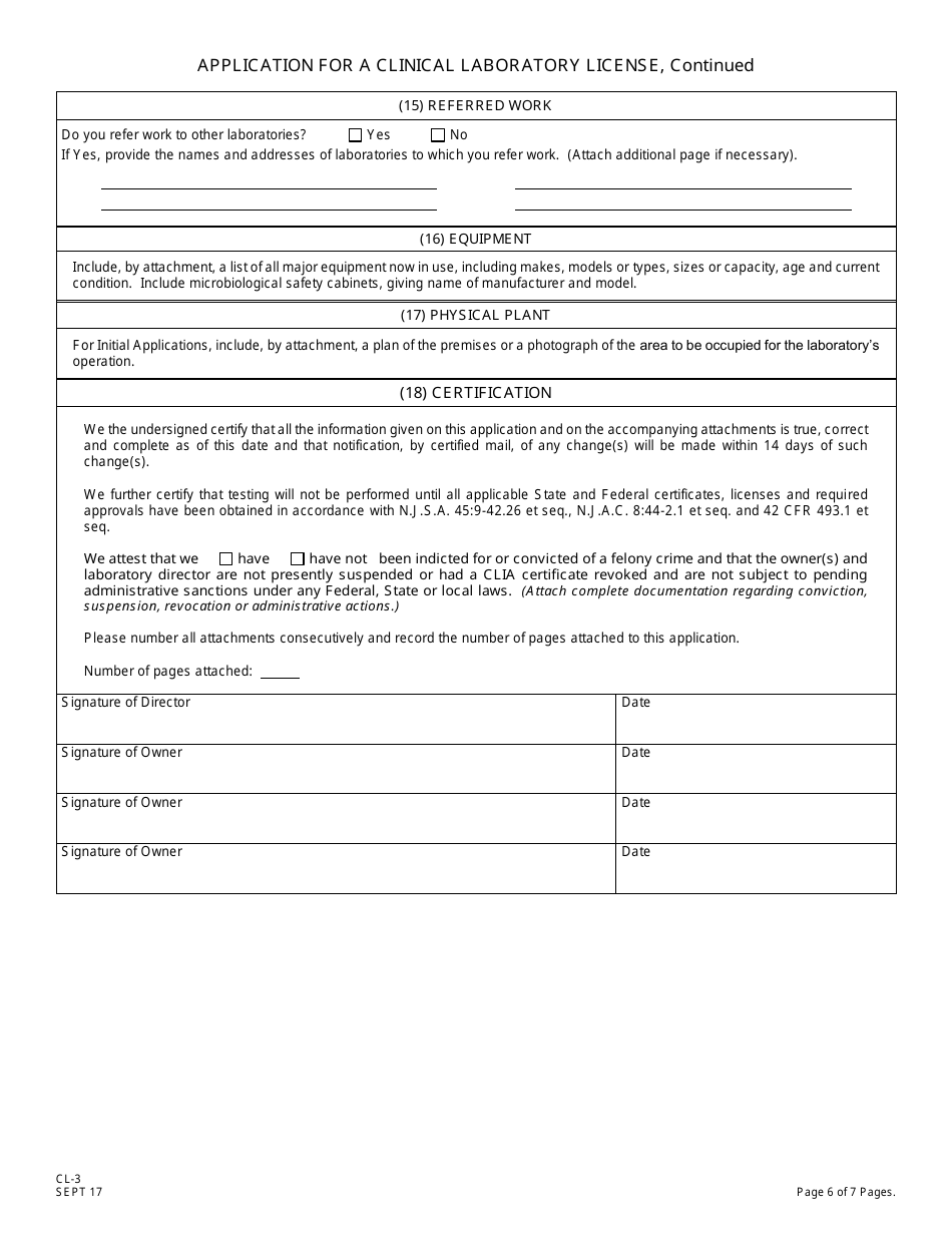 Form CL-3 Application for a Clinical Laboratory License (Clia Non-waived Tests / Onsite Testing Only) - New Jersey, Page 6