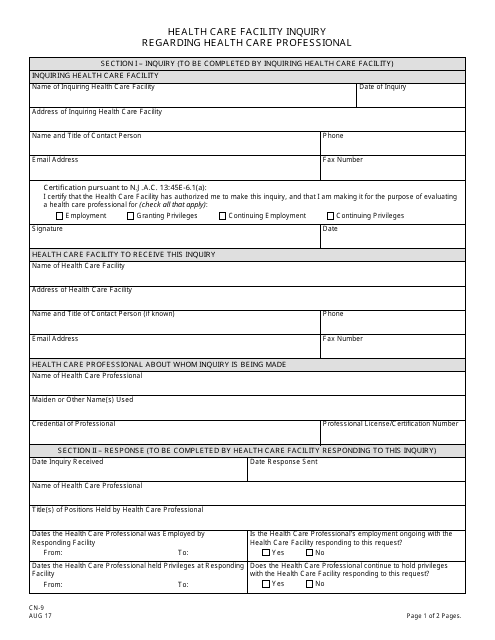 Form CN-9 Health Care Facility Inquiry Regarding Health Care Professional - New Jersey