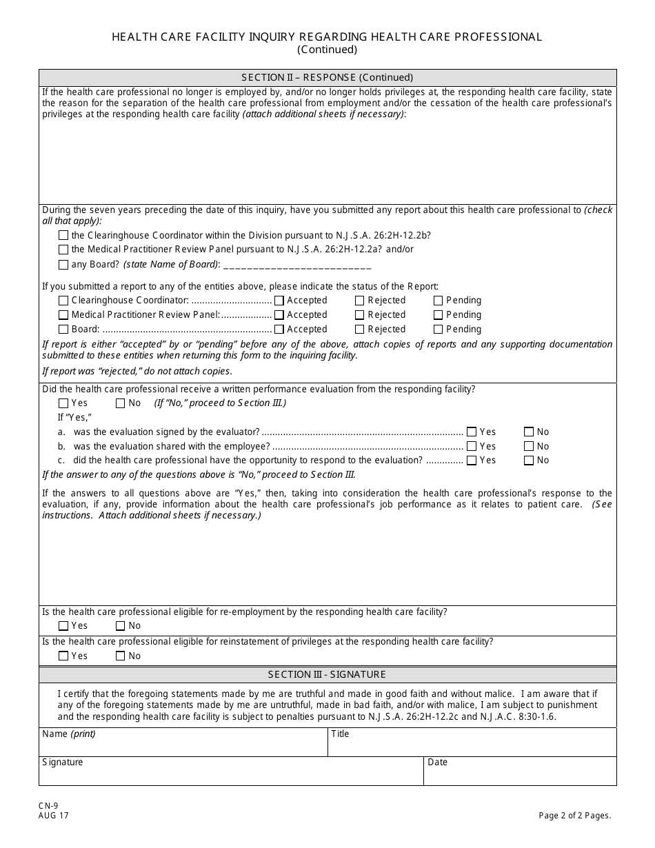 Form CN-9 Health Care Facility Inquiry Regarding Health Care Professional - New Jersey, Page 2