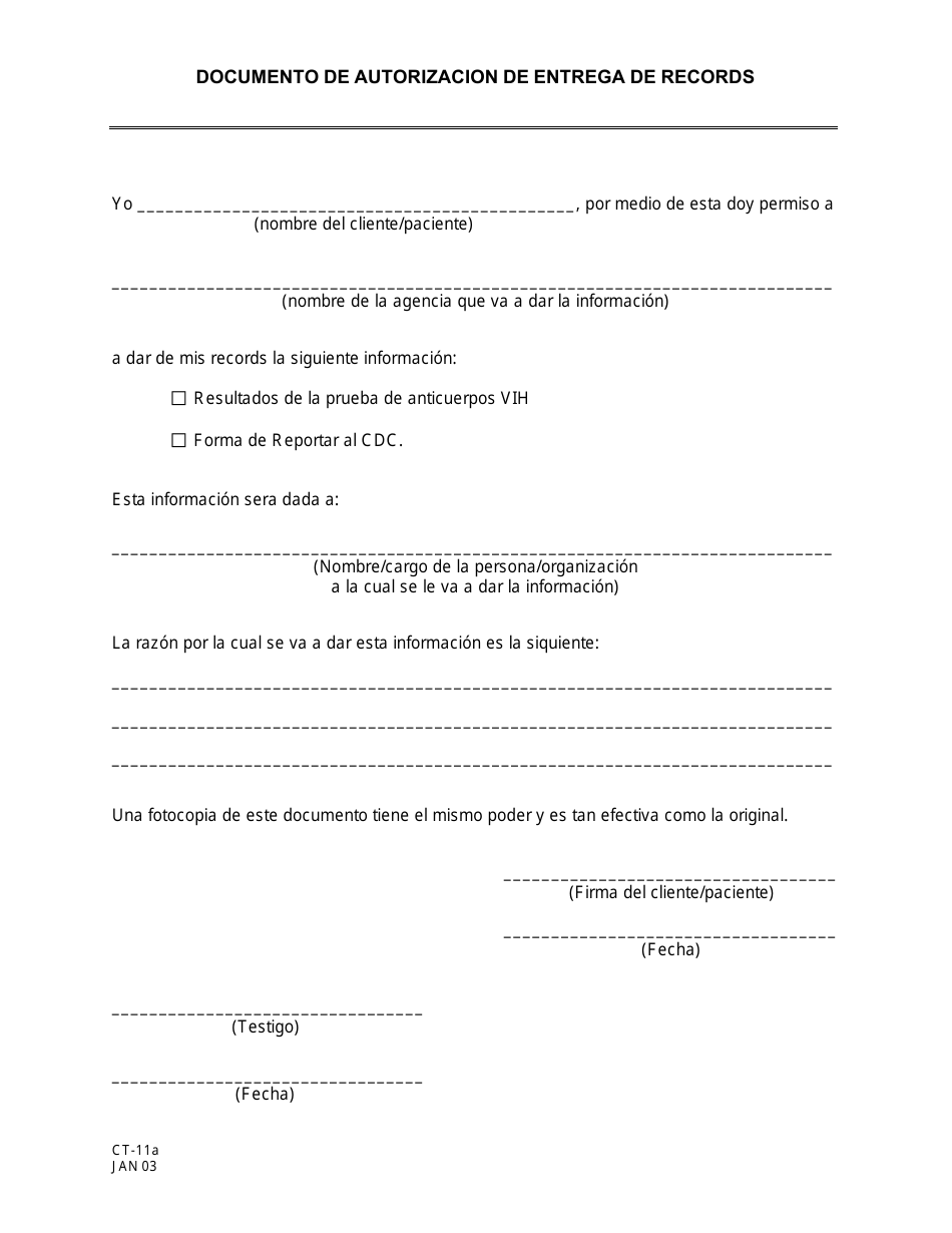 Formulario CT-11A Documento De Autorizacion De Entrega De Records - New Jersey (Spanish), Page 1