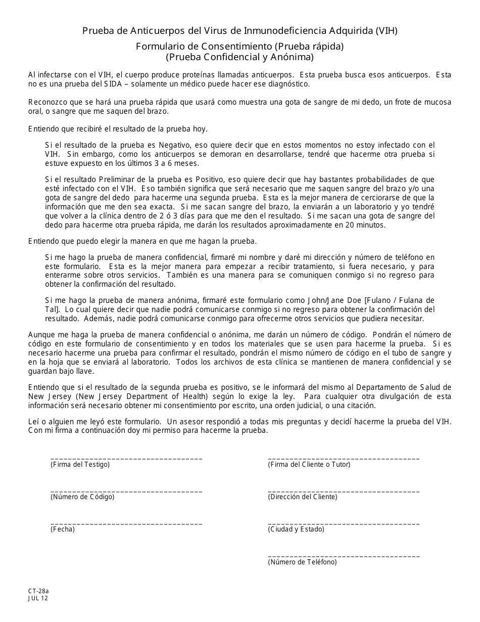 Formulario CT-28A Formulario De Consentimiento (Prueba Rapida) (Prueba Confidencial Y Anonima) - New Jersey (Spanish), Page 1