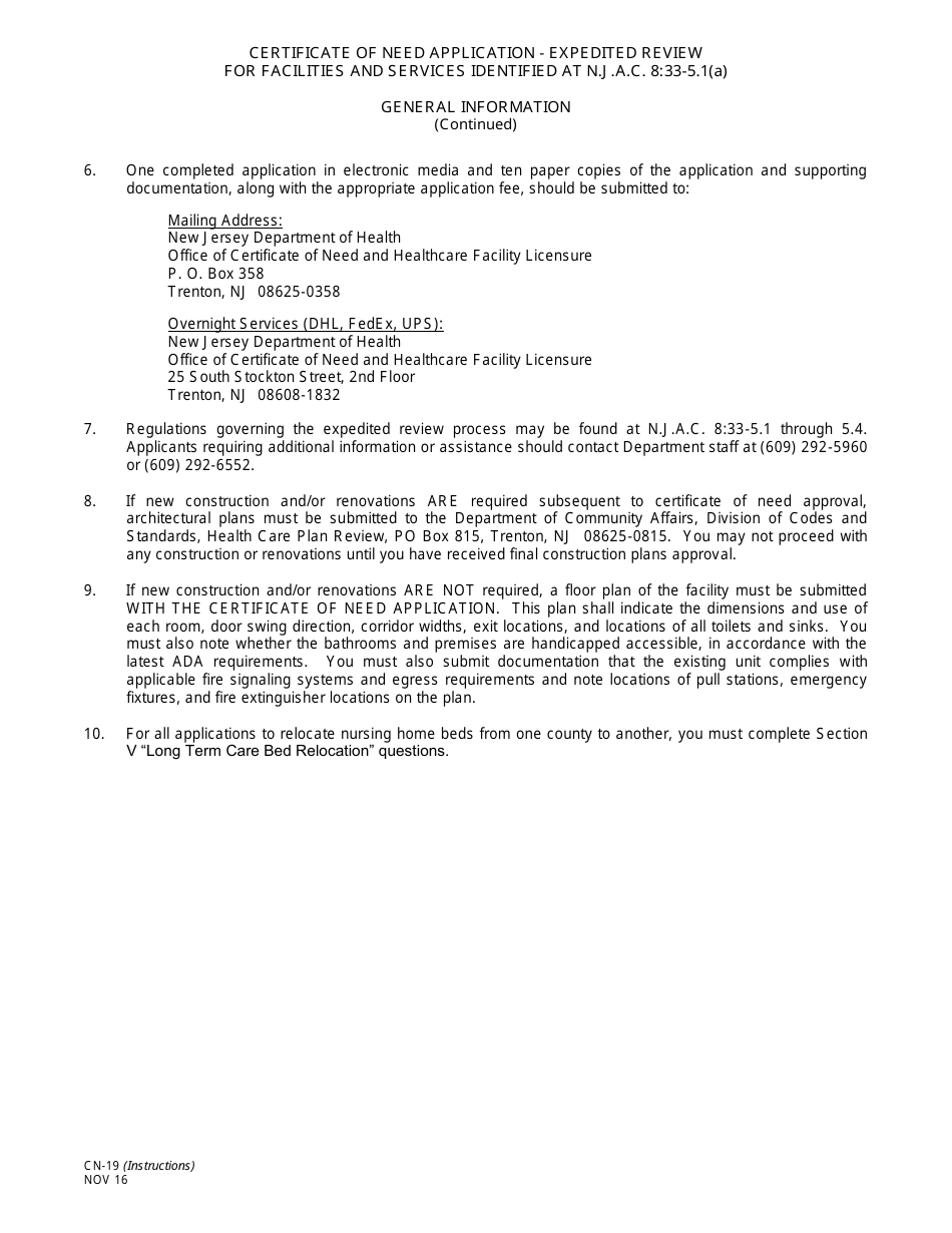 Form CN-19 Certificate of Need Application - Expedited Review for Facilities and Services Identified at N.j.a.c. 8:33-5.1(A) - New Jersey, Page 2