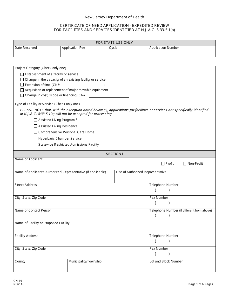 Form CN-19 Certificate of Need Application - Expedited Review for Facilities and Services Identified at N.j.a.c. 8:33-5.1(A) - New Jersey, Page 3