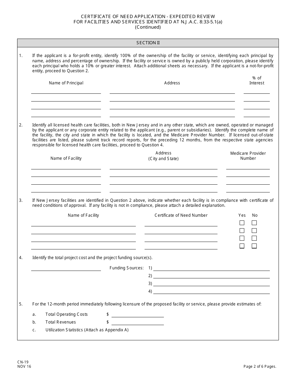 Form CN-19 Certificate of Need Application - Expedited Review for Facilities and Services Identified at N.j.a.c. 8:33-5.1(A) - New Jersey, Page 4