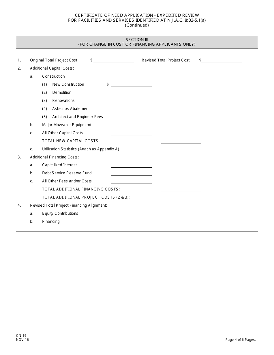 Form CN-19 Certificate of Need Application - Expedited Review for Facilities and Services Identified at N.j.a.c. 8:33-5.1(A) - New Jersey, Page 6
