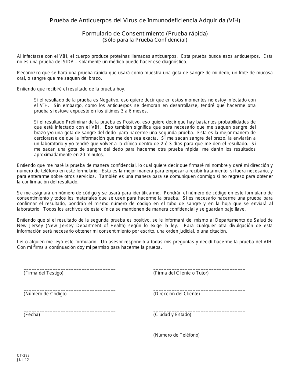 Formulario CT-29A Formulario De Consentimiento (Prueba Rapida) (Solo Para La Prueba Confidencial) - New Jersey (Spanish), Page 1