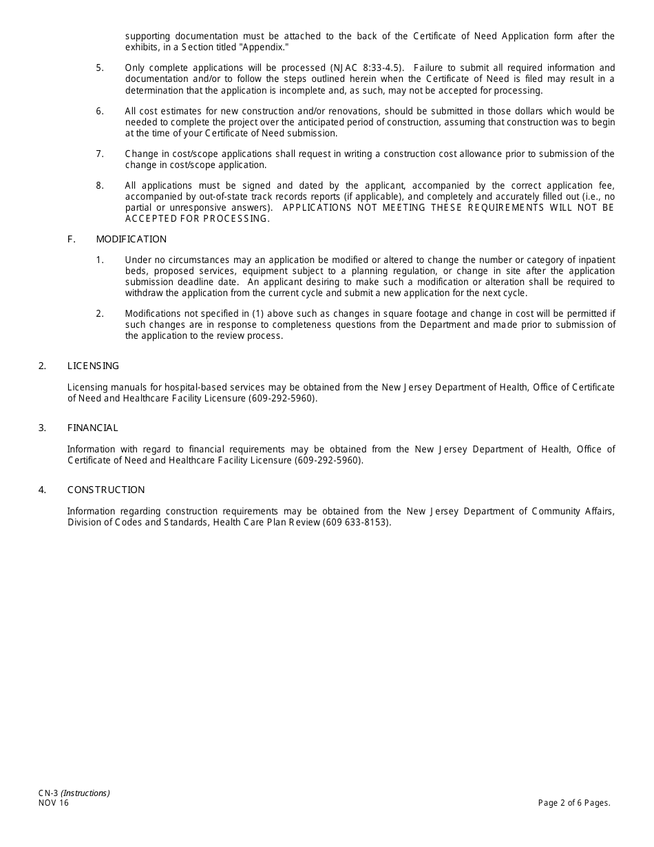 Form CN-3 Schedule A, B Application for Certificate of Need for Hospital-Related Projects - New Jersey, Page 2