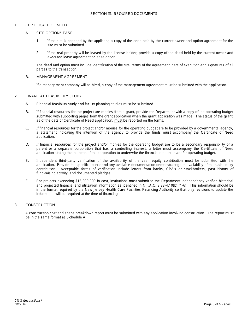Form CN-3 Schedule A, B Application for Certificate of Need for Hospital-Related Projects - New Jersey, Page 6