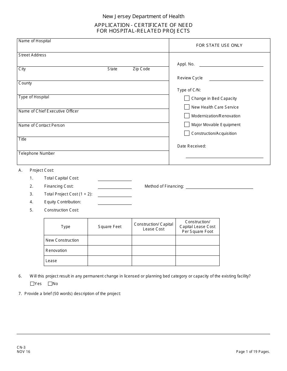 Form CN-3 Schedule A, B Application for Certificate of Need for Hospital-Related Projects - New Jersey, Page 7
