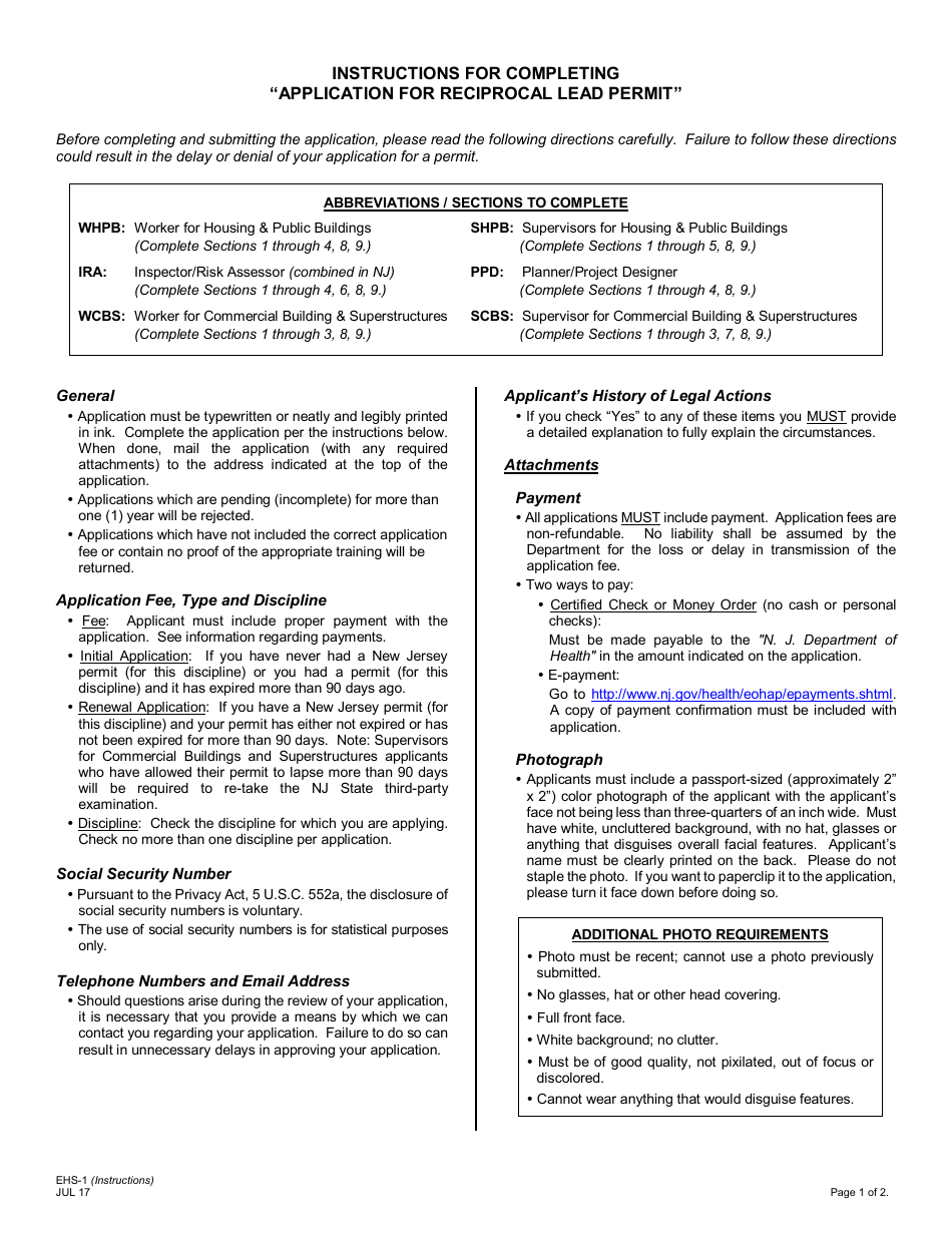 Form EHS-1 Application for Reciprocal Lead Permit - New Jersey, Page 1