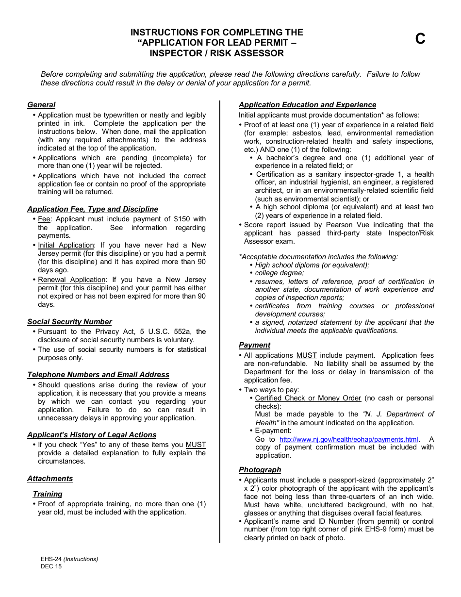 Form EHS-24 Application for Lead Permit Inspector / Risk Assessor - New Jersey, Page 1