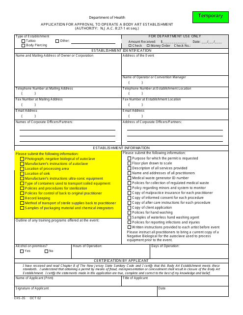 Form EHS-35 Application for Approval to Operate a Body Art Establishment (Temporary) - New Jersey
