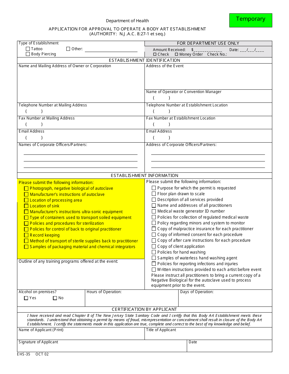 Form EHS-35 Application for Approval to Operate a Body Art Establishment (Temporary) - New Jersey, Page 1