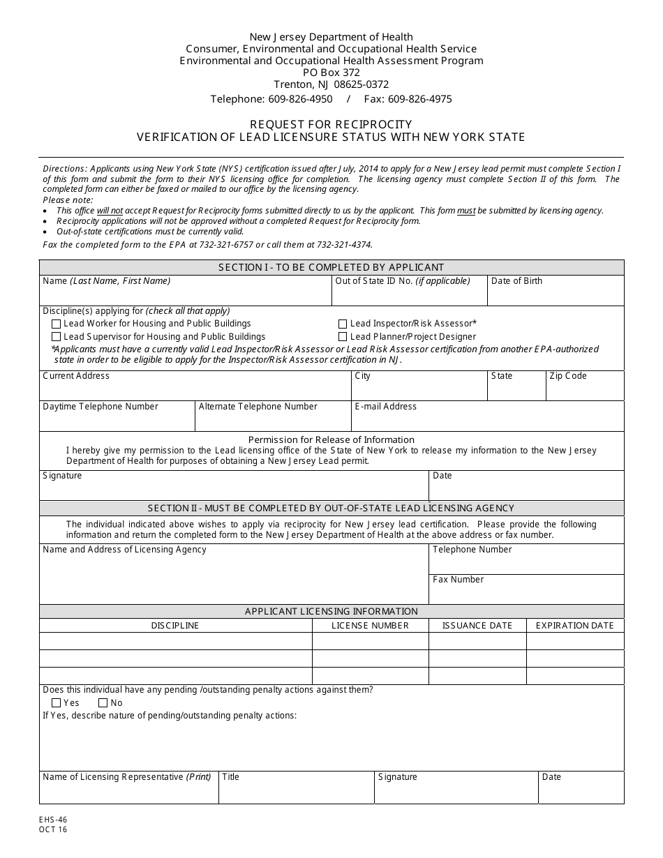 Form EHS-46 Request for Reciprocity Verification of Lead Licensure Status With New York State - New Jersey, Page 1