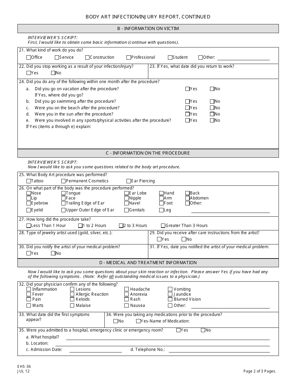 Form EHS-36 Body Art Infection / Injury Report - New Jersey, Page 2