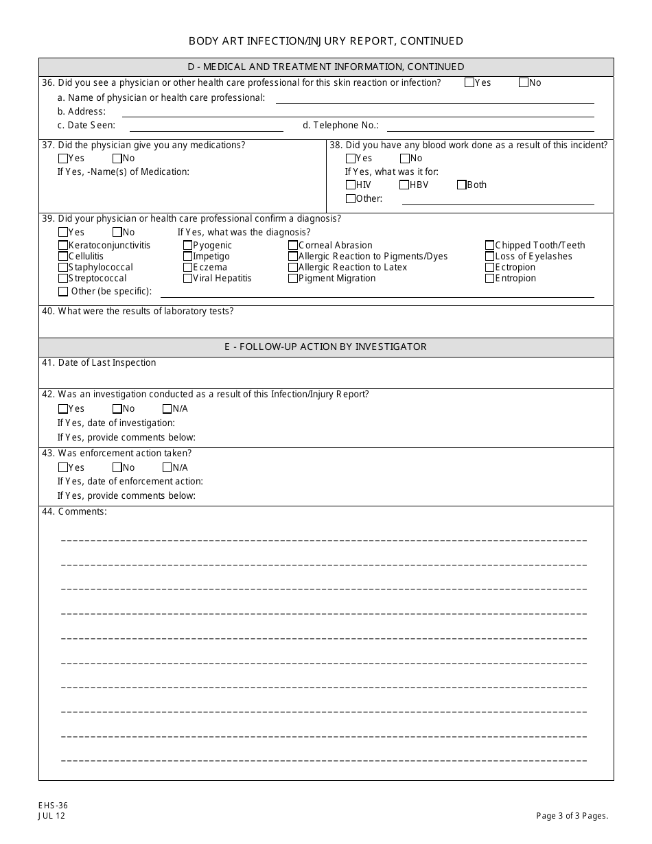 Form EHS-36 Body Art Infection / Injury Report - New Jersey, Page 3
