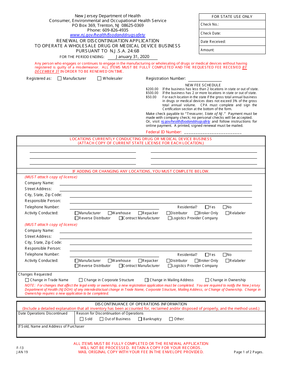 Form F-13 Renewal or Discontinuation Application to Operate a Wholesale Drug or Medical Device Business - New Jersey, Page 1