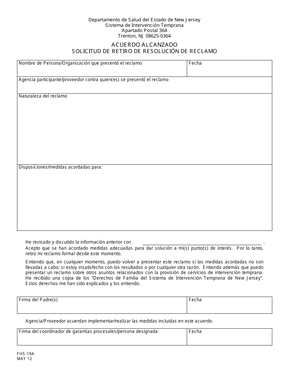 Formulario FHS-19A Acuerdo Alcanzado Solicitud De Retiro De Resolucion De Reclamo - New Jersey (Spanish), Page 1