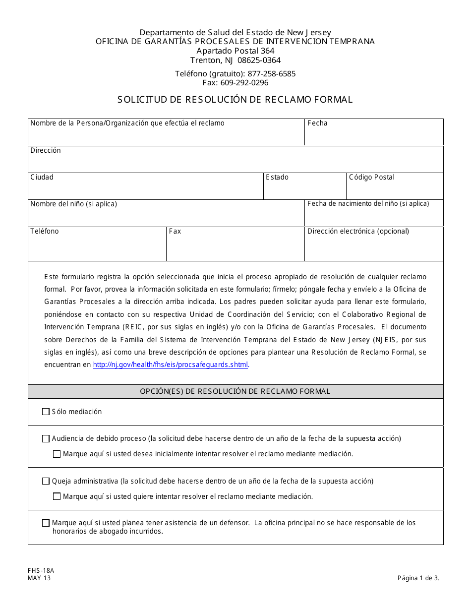 Formulario FHS-18A Solicitud De Resolution De Reclamo Formal - New Jersey (Spanish), Page 1