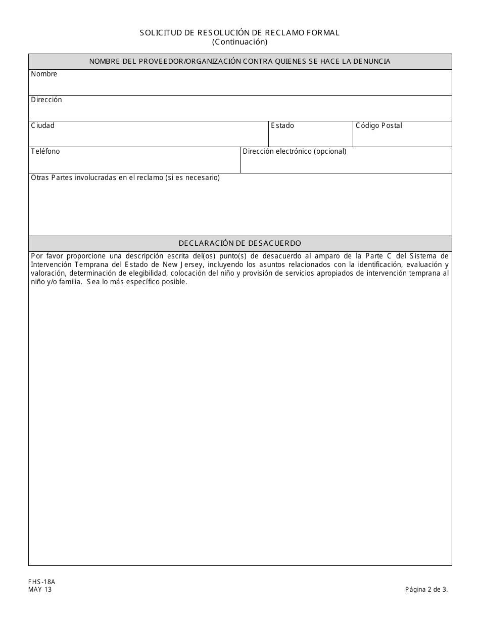 Formulario FHS-18A Solicitud De Resolution De Reclamo Formal - New Jersey (Spanish), Page 2