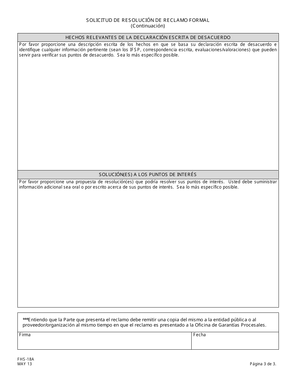 Formulario FHS-18A Solicitud De Resolution De Reclamo Formal - New Jersey (Spanish), Page 3